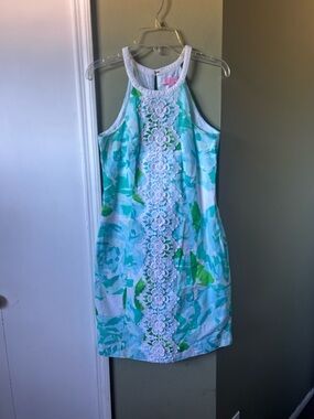 Lilly Pulitzer White Halter Mini Dress with Aqua & Green Floral
